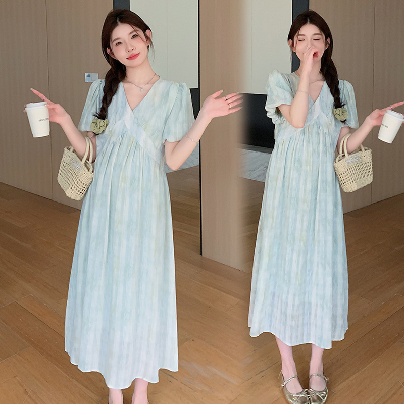 孕妇装夏天裙子中长款洋气减龄甜美减龄雪纺过膝长裙女孕妇连衣裙