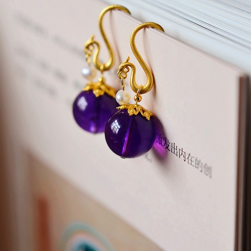 紫气东来 天然紫水晶耳坠龙年好运淡水珍珠古法银鎏金耳环女款