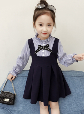 女童条纹连衣裙 2023秋季韩版中小童H长袖收腰A字裙小女孩童装裙