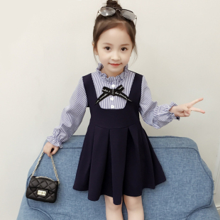 女童条纹连衣裙 2023秋季韩版中小童H长袖收腰A字裙小女孩童装裙
