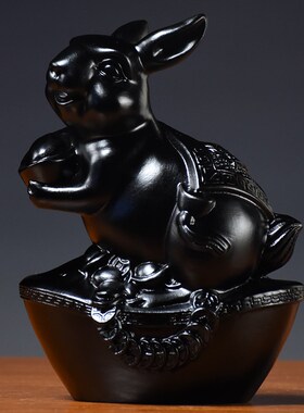 黑兔摆件实木雕刻十二生r肖黑色兔客厅电视柜办公室补角装饰工艺