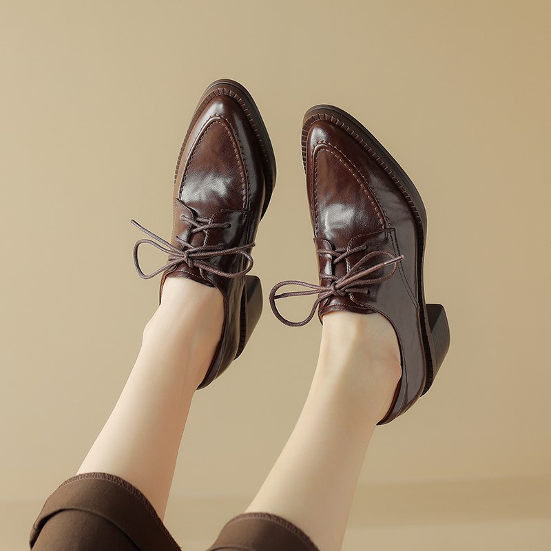 复古褶皱法式尖头单鞋女春秋季新款真皮系带中跟粗跟小皮鞋黑棕色