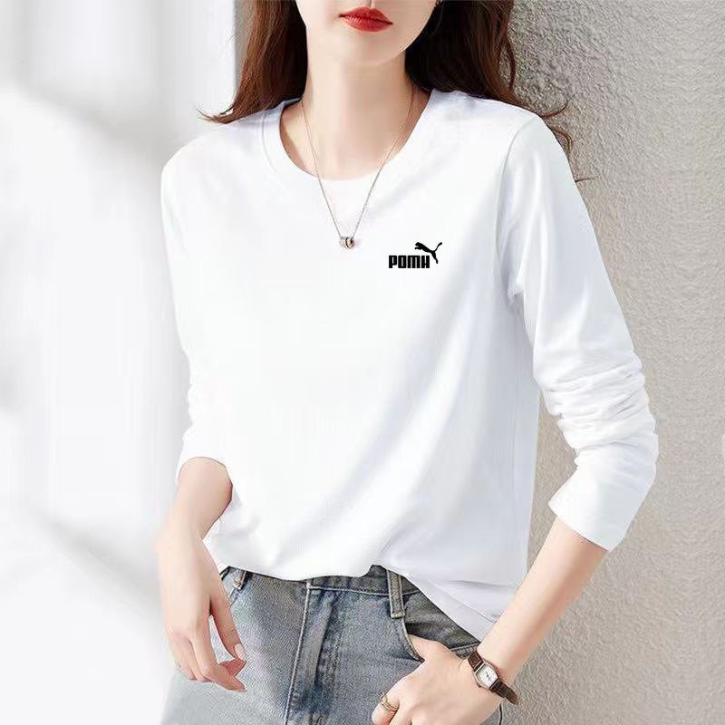纯棉白色宽松长袖t恤女丅恤妈妈中年白色体桖白体初春Z上衣打底衫