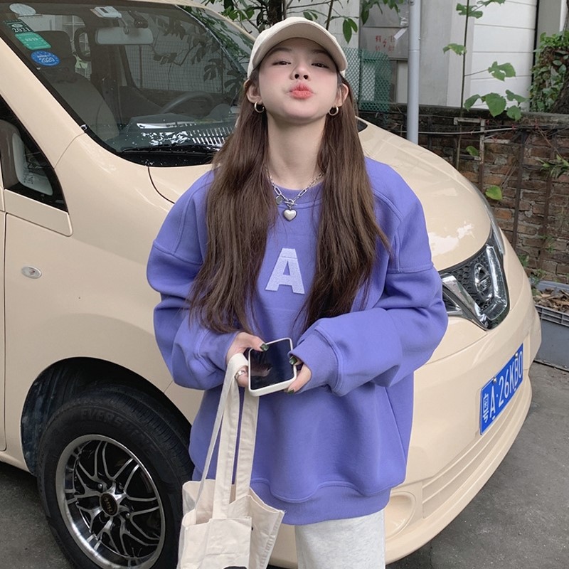 秋冬季紫色圆领字母厚棉T女202z3新款爆款宽松中长版遮屁股外套上