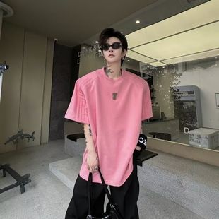 T恤男痞帅网 稻风 Caim夏装 时尚 高级感小众金属标皱褶设计垫肩短袖