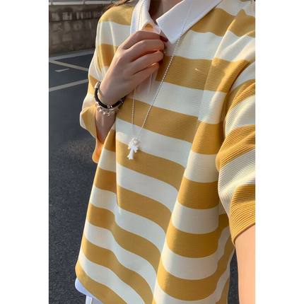 稻风/Caim黑白条纹短袖polo衫男款夏季正肩衬衫翻领t恤学院风美式