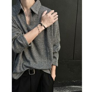 Caim美式 长袖 稻风 麦穗老钱风V领polo衫 情侣潮牌高 T恤男春秋季 款
