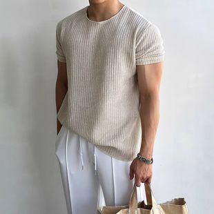 夏季 稻风 男士 Caim老钱风针织薄款 穿搭高级冰丝条纹 镂空圆领短袖