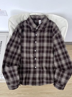 美式复古格纹衬衫男宽松撞色翻领长袖百搭简约长袖衬衣外套男女