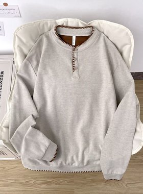 美式休闲风亨利领长袖T恤男宽松情侣款手缝线潮牌简约上衣T恤男