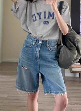 破洞五分牛仔裤女2025夏胖mm大码女装高腰宽松显瘦阔腿短裤A3887