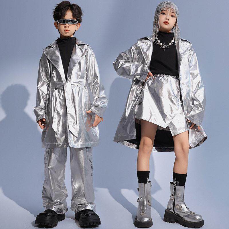 街舞儿童潮服嘻哈银色风衣套装hiphop爵士舞服装女童元旦演出服