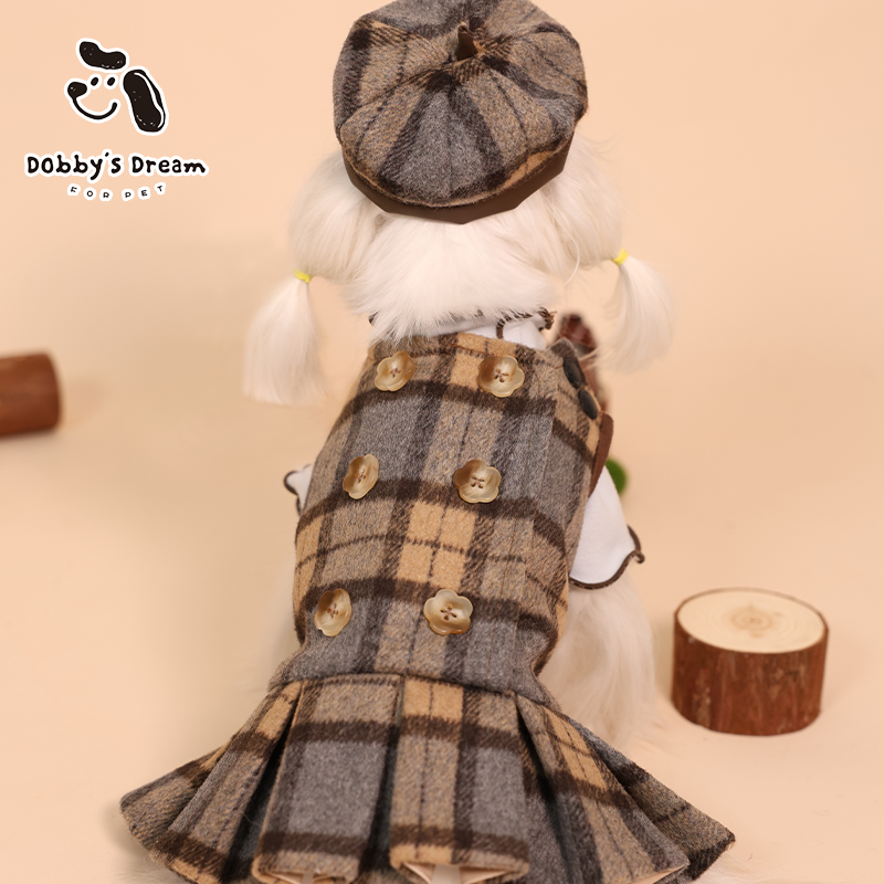 宠物秋冬新款【爱丁堡魔法】狗狗猫咪英伦保暖毛呢格子裙贝雷帽