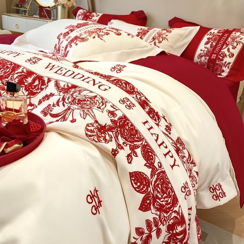 高档婚庆四件套结婚红色喜庆印花被套床笠新婚房喜被陪嫁床上用品