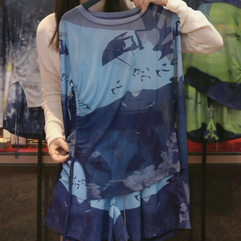 速干扎染网沙运动套装女抽绳收腰长袖上衣短裤休闲两件套防晒夏季