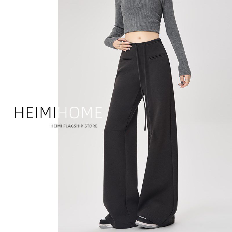 美式深灰色休闲运动裤女春秋季设计感直筒卫裤小个子宽松阔腿裤潮