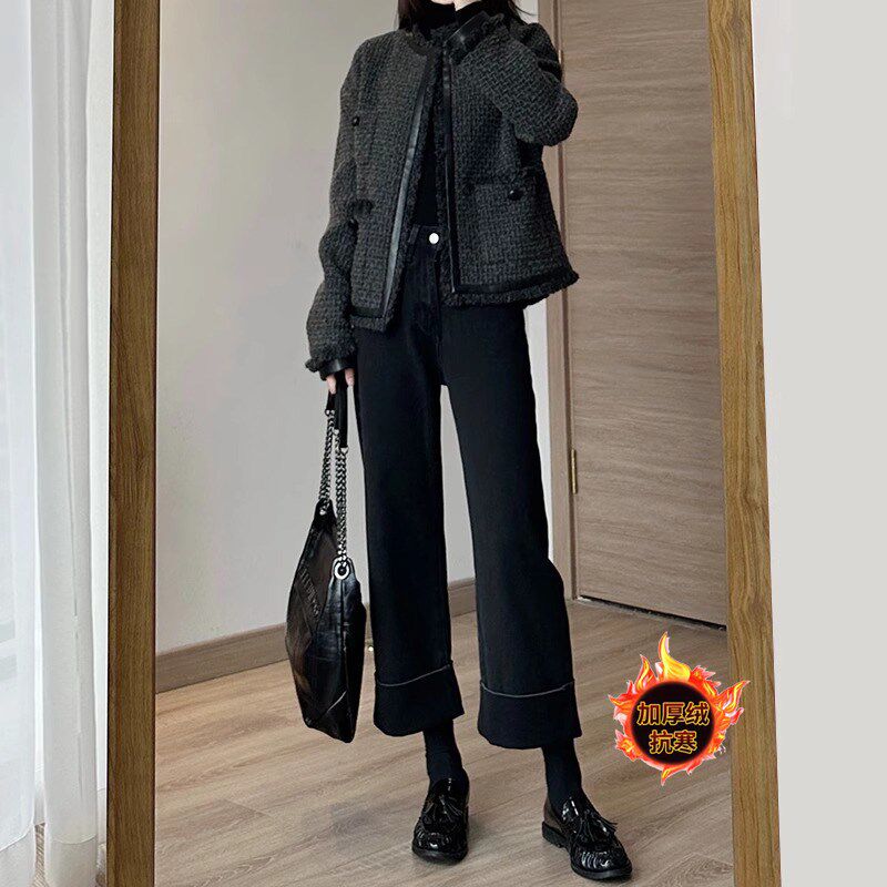 加绒女冬季裤子2024秋冬款黑色直筒牛仔裤胖mm大码裤子九分阔腿裤