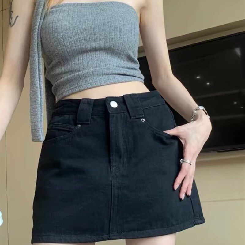 甜美风黑色牛仔短裙2024新款小个子A字裙裤包臀高腰防走光半身裙