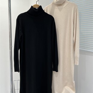 秋冬高领针织连衣裙极简慵懒风长款过膝毛衣裙女针织毛衣打底裙新