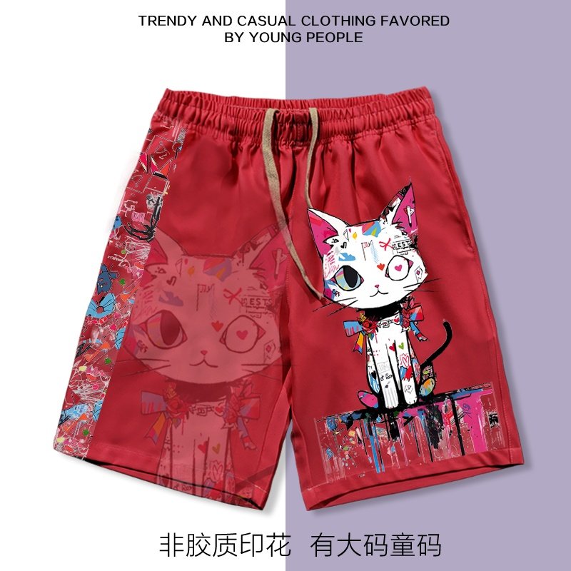 美式多巴胺卡通涂鸦猫短裤男夏季宽松五分裤男女休闲印花沙滩裤潮,男装,短裤,淘宝优惠券,粉丝福利购,淘宝优惠卷