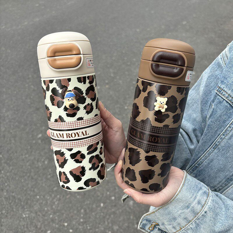 豹纹保温杯带吸管直饮两用便携高颜值水杯女生316不锈钢学生杯子