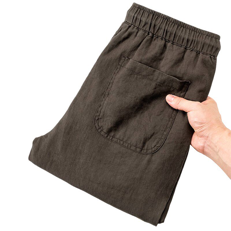 纯亚麻九分裤子夏季薄款透气凉爽宽松直筒修身松紧腰咖啡休闲裤男
