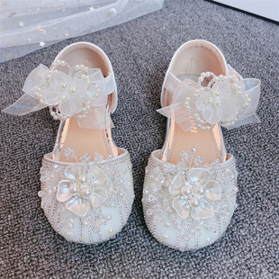 2023新款女童公主凉鞋夏季小女孩软底包头平跟鞋子儿童水晶鞋白色