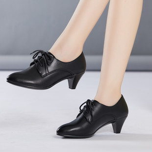 单鞋女2021春秋季新款中跟真皮百搭系带粗跟舒适工作小皮鞋子女鞋