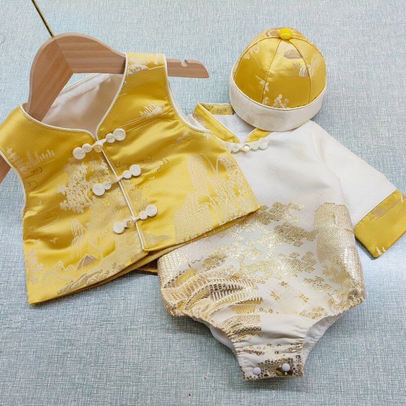 百天宝宝衣服婴儿新中式连体服男宝满月宴周岁礼服春夏国风包屁衣