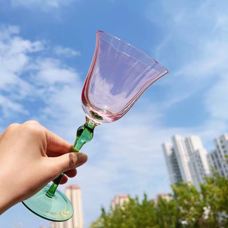 小清新花朵高脚杯中古玻璃红酒杯复古风葡萄酒杯女粉绿情人节礼物
