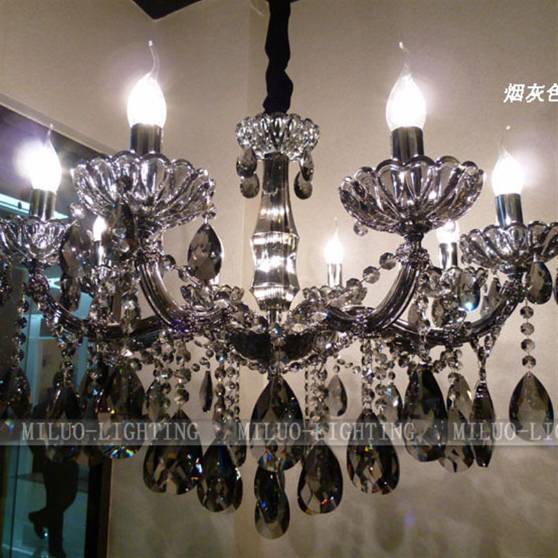 欧式客厅吊灯餐厅卧室灯LED别墅复式楼蜡烛干邑烟灰黑色水晶吊灯