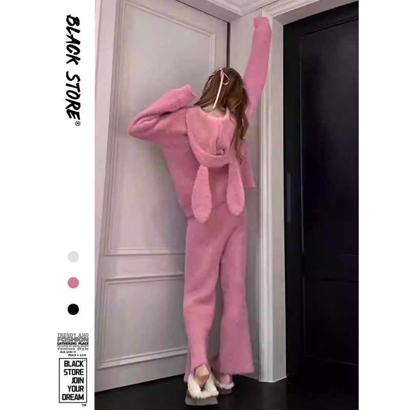 甜美少女兔耳朵连帽半边绒睡衣女C冬季加厚保暖毛绒针织家居服套