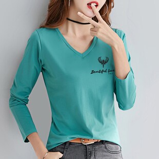 2024韩版秋冬装新款纯棉v领长袖t恤女修身显瘦内搭打底衫上衣潮