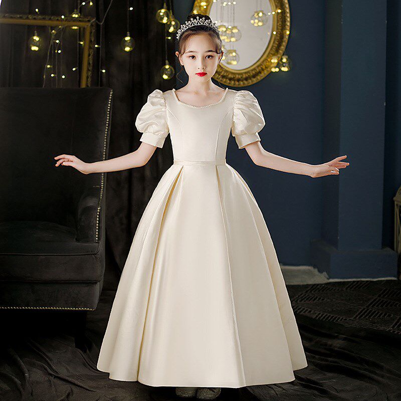 香槟色公主裙高端女童礼服花童婚礼小女孩缎面钢琴演奏儿童主持人