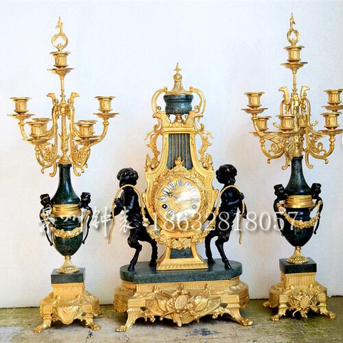 钟表机械座钟纯铜烛台钟表整套 古典家居样板间 壁炉玄关摆件座钟