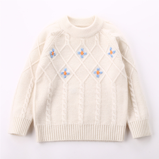 女童毛衣山羊绒针织打底衫白色宝宝手工绣花儿童羊绒衫圆领秋冬款