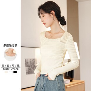 方领镂空早秋针织衫女秋冬内搭打底衫冬季气质修身短款毛衣高级感