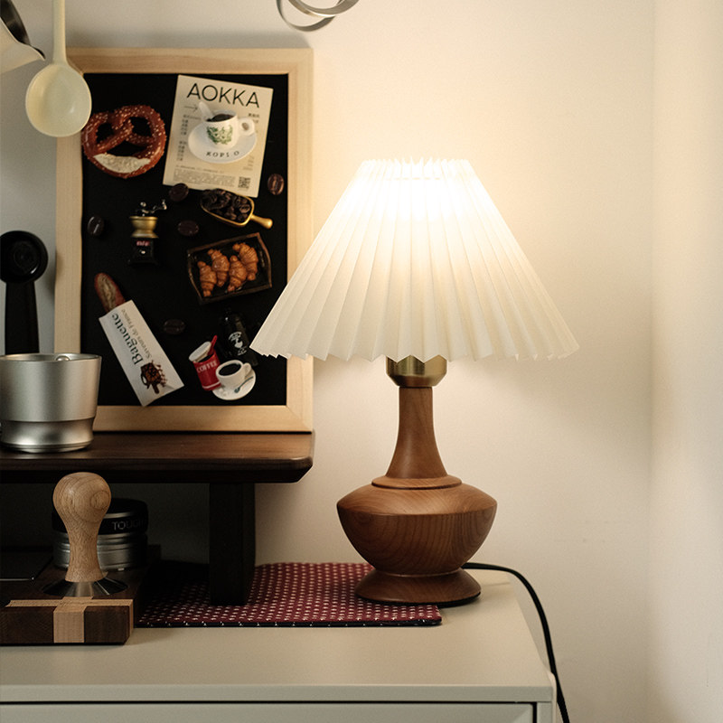 百褶复古原木风台灯家用卧室日式侘寂高级感轻奢颜值主卧床头灯
