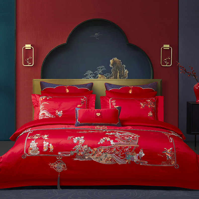 喜被四件套结婚纯棉大红色刺绣百子图新中式婚庆床上用品十件套