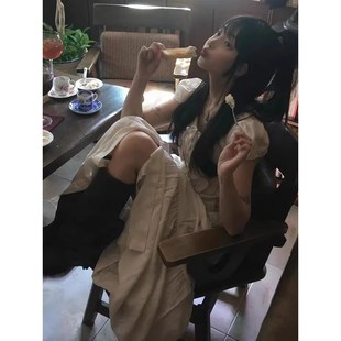 良良家抽褶系带荷叶边长裙女夏季 纯色飘逸长裙 新款 甜美气质泡泡袖