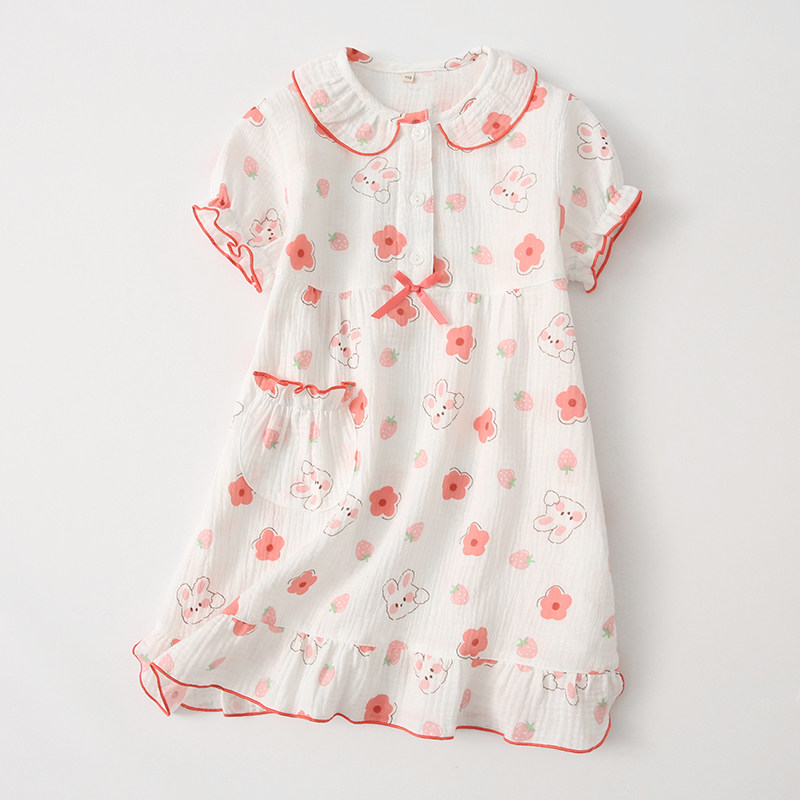 夏季薄款全棉纱布女童短袖睡裙可爱圆领睡衣纯棉绉纱女孩家居裙子,童装/婴儿装/亲子装,家居裙/睡裙,淘宝优惠券,粉丝福利购,淘宝优惠卷