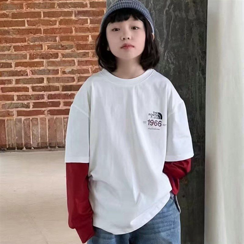 男女大童洋气假两件长袖T恤春秋新款儿童宽松休闲纯棉上衣打底衫