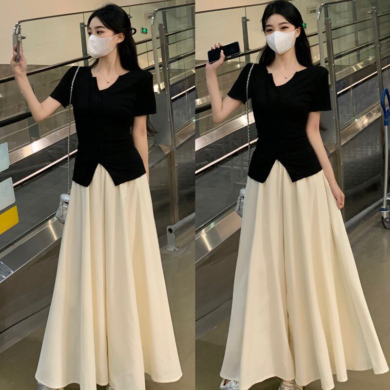 莹尚衣橱大码套装2024夏季新款胖mm显瘦短袖V领T恤+高腰阔腿裤裙