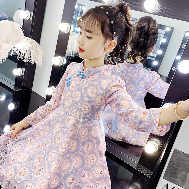女童春装连衣裙2021新款汉服秋季洋气大儿童时尚网红旗袍蕾丝裙子