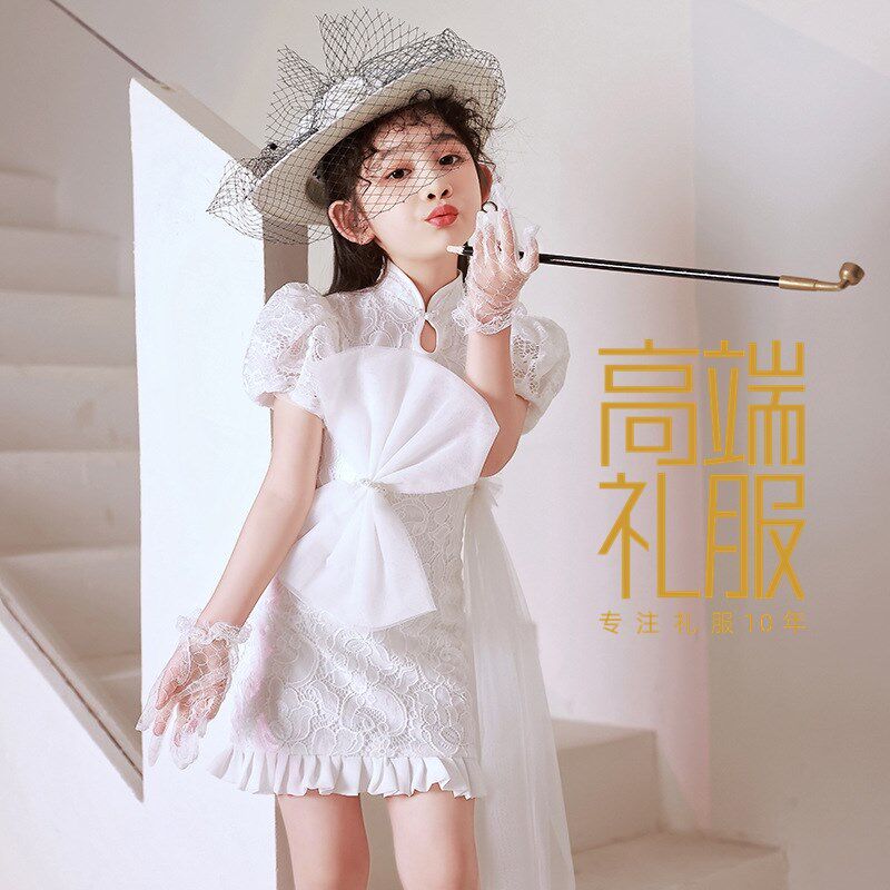 国潮风儿童走秀礼服女童旗袍白色连衣裙女孩生日童模民国演出服夏