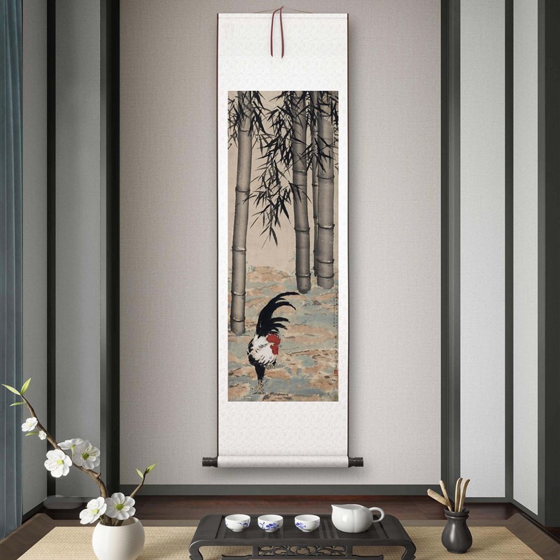 徐悲鸿 《鸡竹图》客厅书房茶室装饰画挂画N玄关水墨高清卷轴字画图片