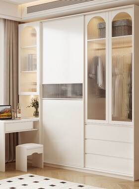 法式奶油风推拉门衣柜p卧室家用白色移门柜2025新款小户型趟门衣