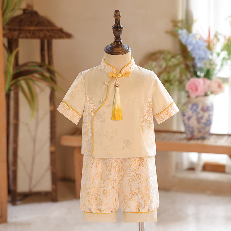 新中式周岁男宝礼服2025新款宝宝生日抓周衣服中国风男童冠衣夏季