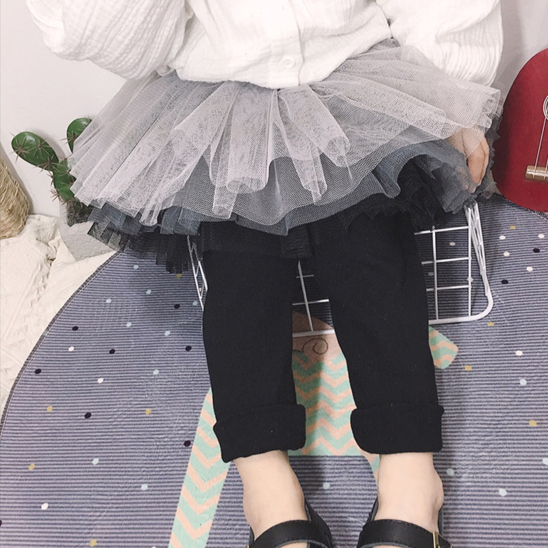 女童打底裙裤2021秋冬宝宝假两件网纱弹力儿童外穿纯棉加绒长裤子