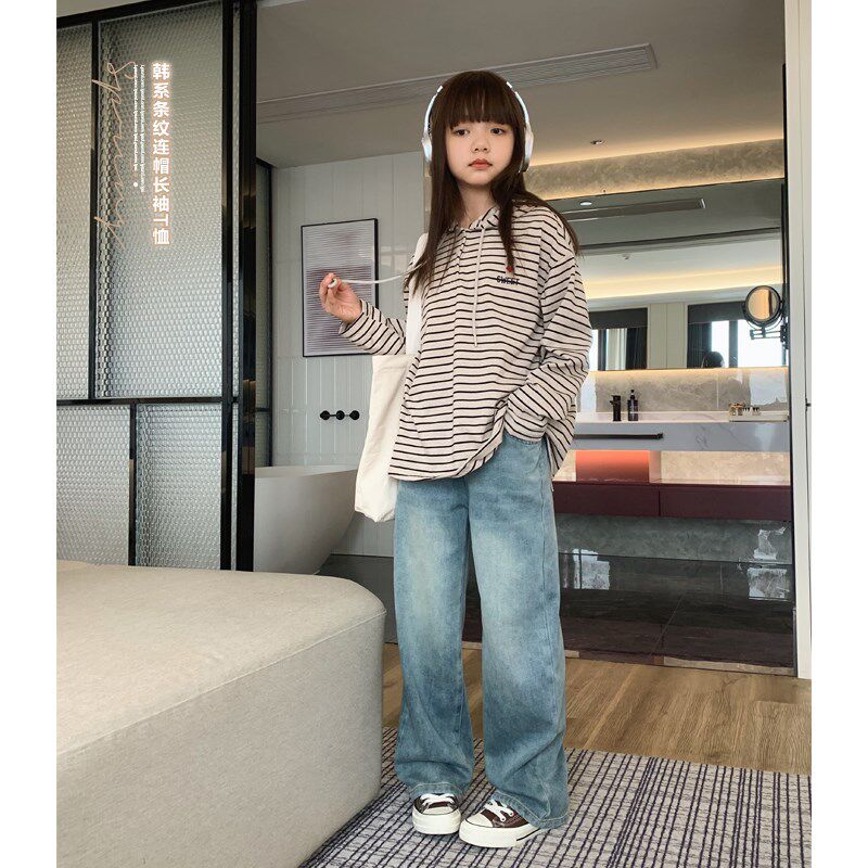 女大童条纹连帽T恤2024春秋童装青少年时尚休闲长袖韩版上衣帽衫